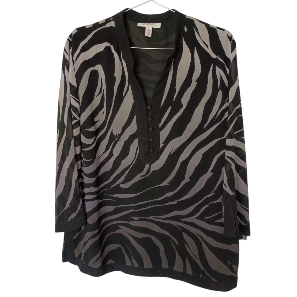 JM Collection Womens Zebra Print Tunic Blouse Gray Black 3/4 Sleeve Size 18